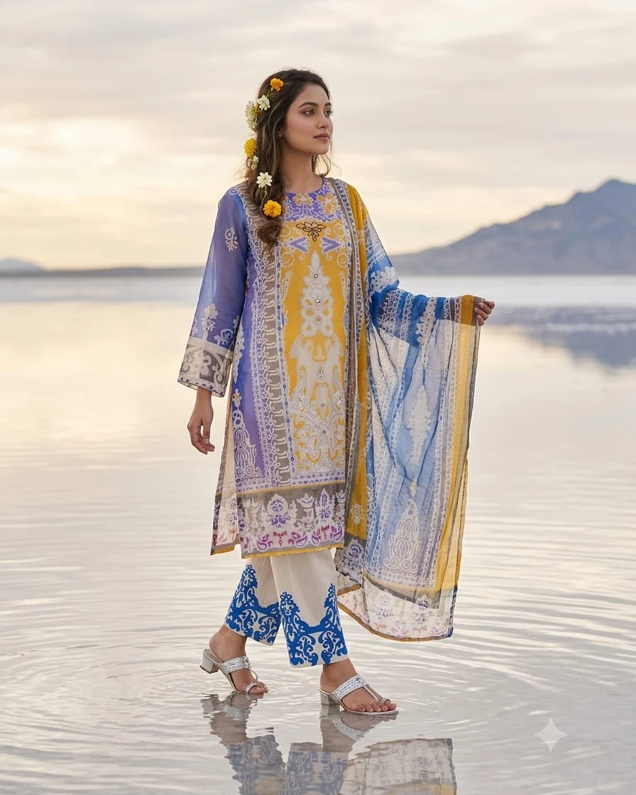 Rania Mustard & Periwinkle Karchupi Organza 3-Piece Dress