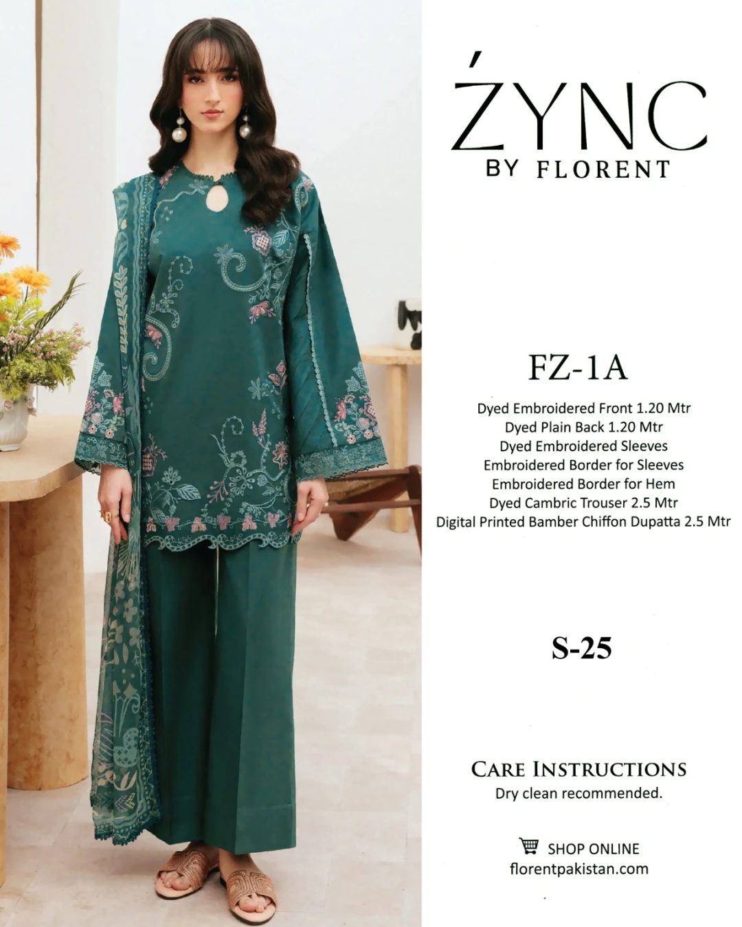Zync Teal Embroidered Lawn 3-Piece Dress (FZ-1A)