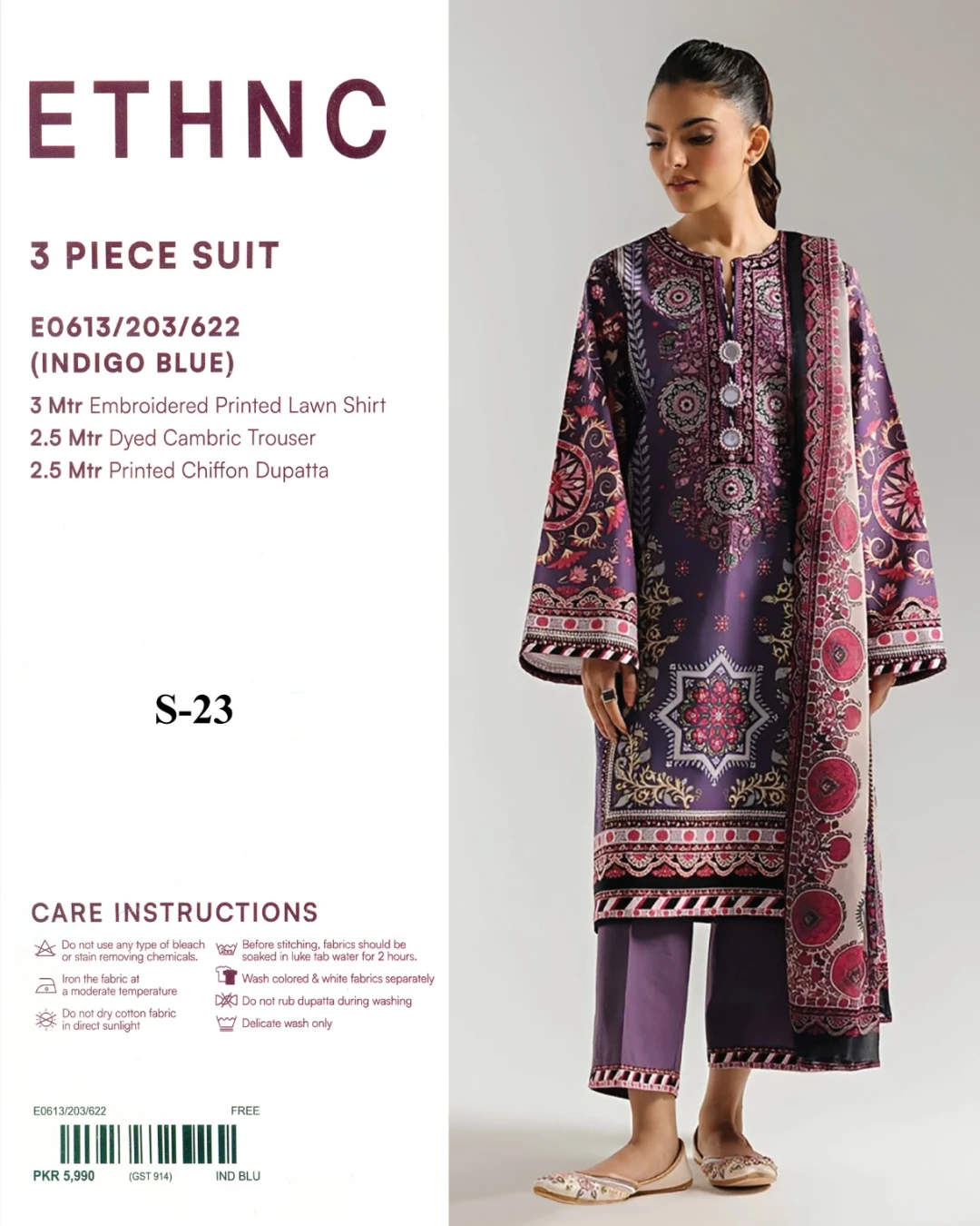 Ethnic Indigo Blue Embroidered Printed Lawn 3-Piece Suit (E0613/203/622)
