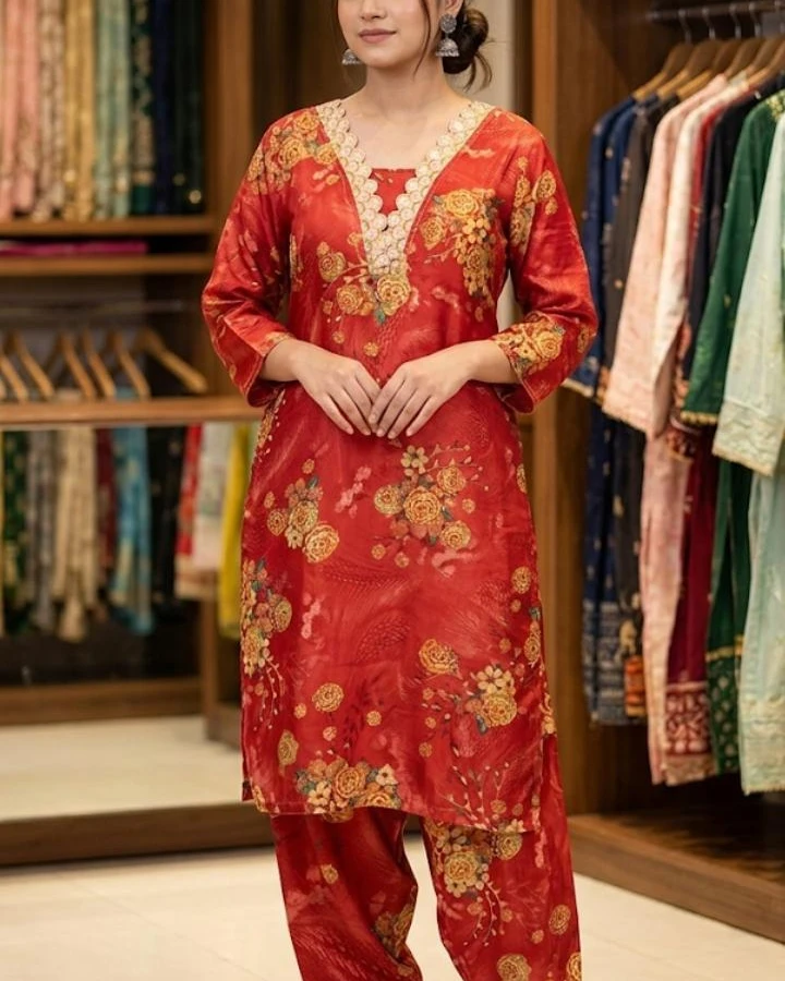 Myra Scarlet Floral Premium Soft Silk 2-Piece Set