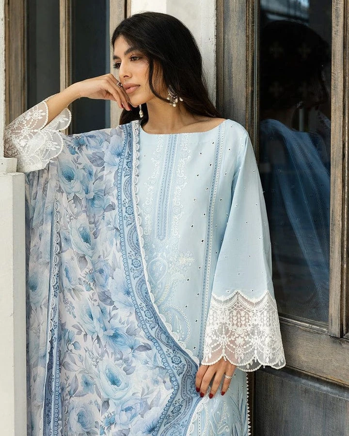 Aria Powder Blue Embroidered Premium Cotton 3-Piece Suit