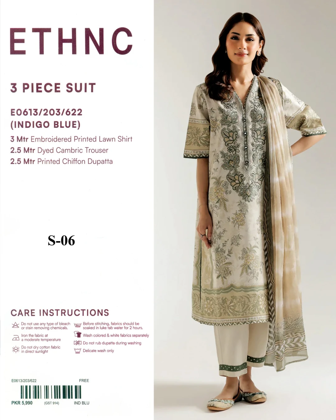 Ethnic Olive Sage Embroidered Printed Lawn 3-Piece Suit