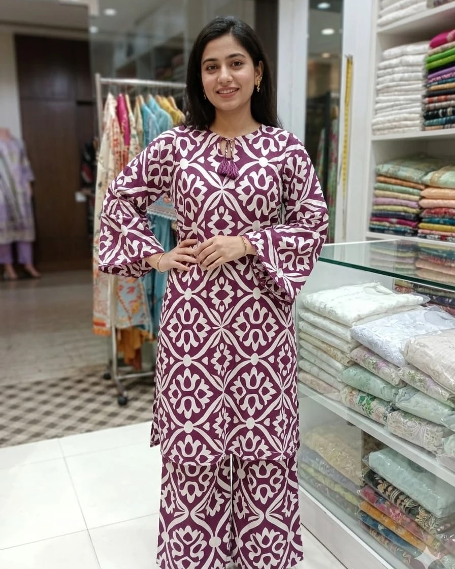 Meera Plum Tulip Geometric Soft Linen 2-Piece Co-Ord Set