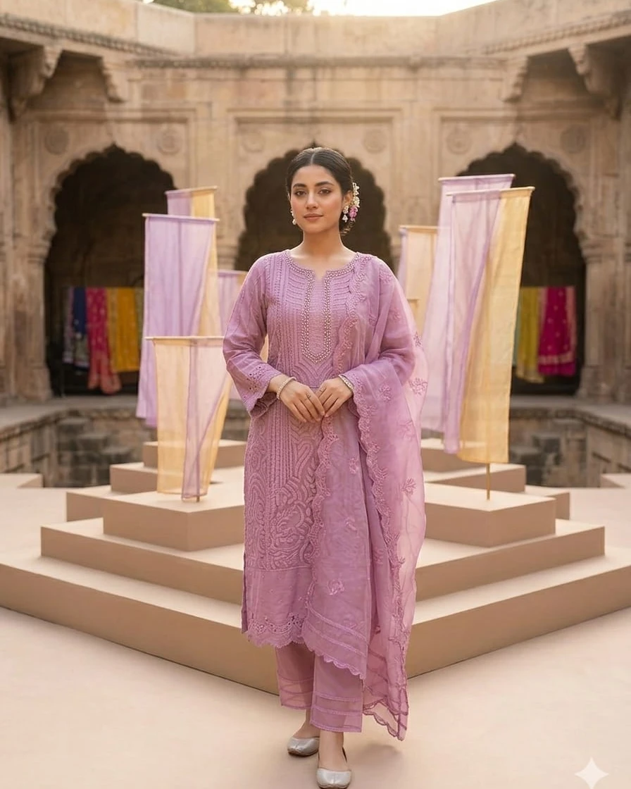 Women's Exclusive Embroidered Organza 3-Piece Suit-1