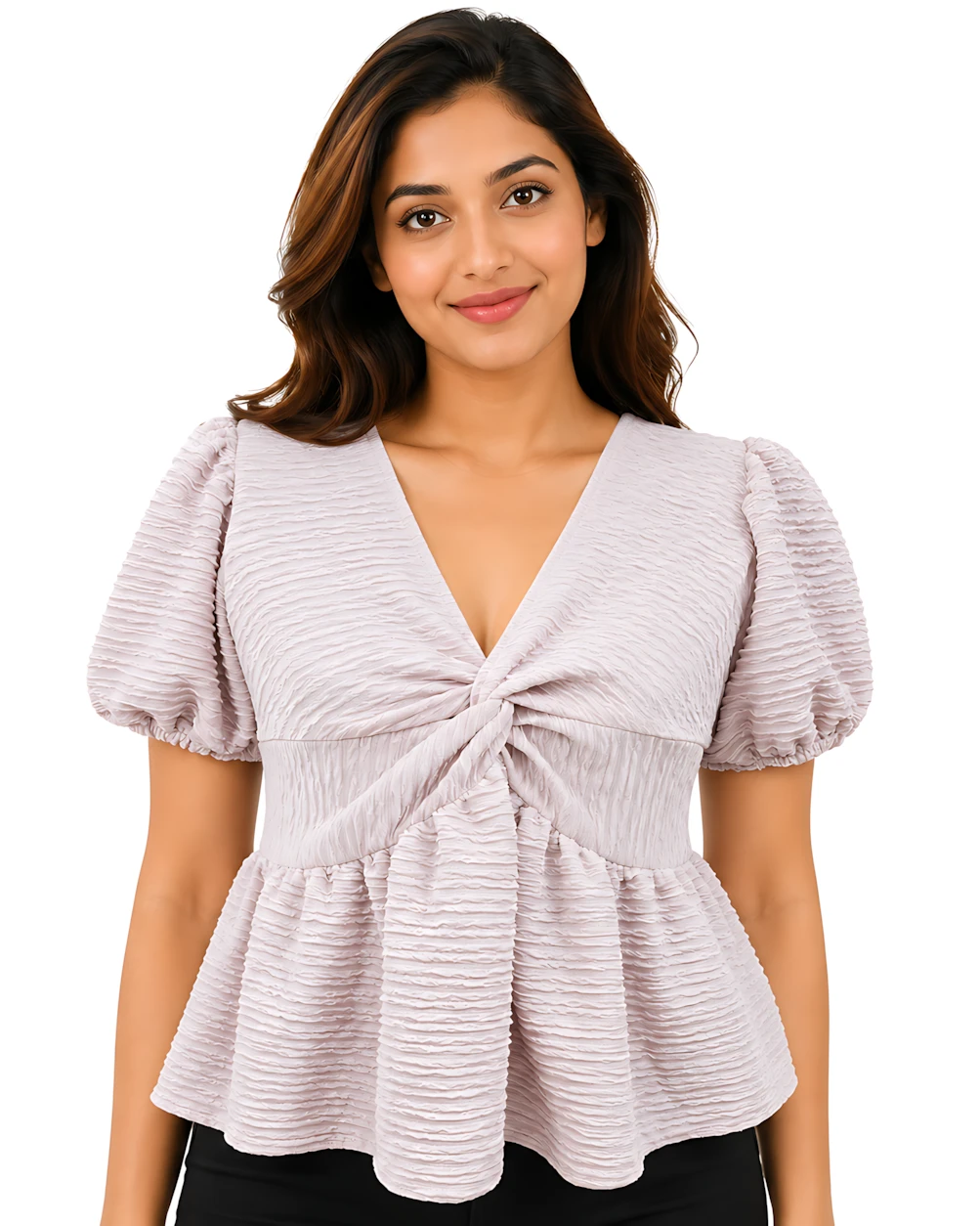 Imported Textured Twist-Front Puff Sleeve Top - Star Dust (Thailand)