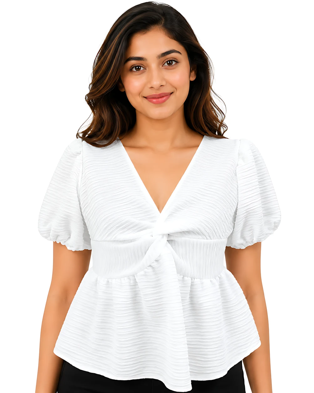 Imported Textured Twist-Front Puff Sleeve Top - White (Thailand)