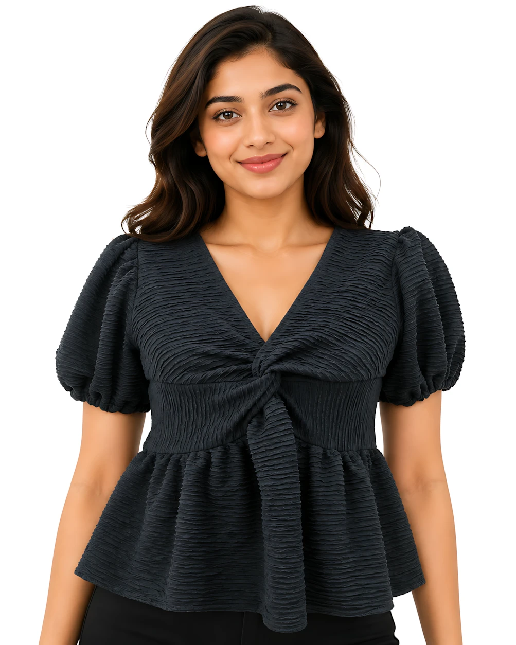 Imported Textured Twist-Front Puff Sleeve Top - Black (Thailand)