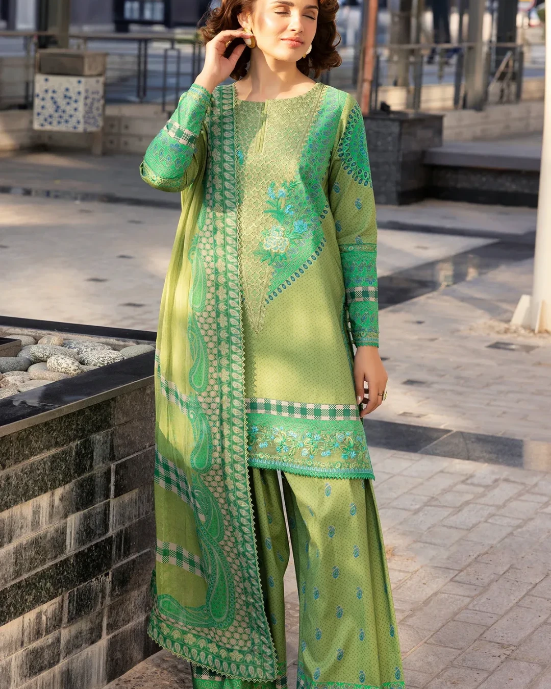 Olive Harmony Embroidered Lawn Three-Piece Suit