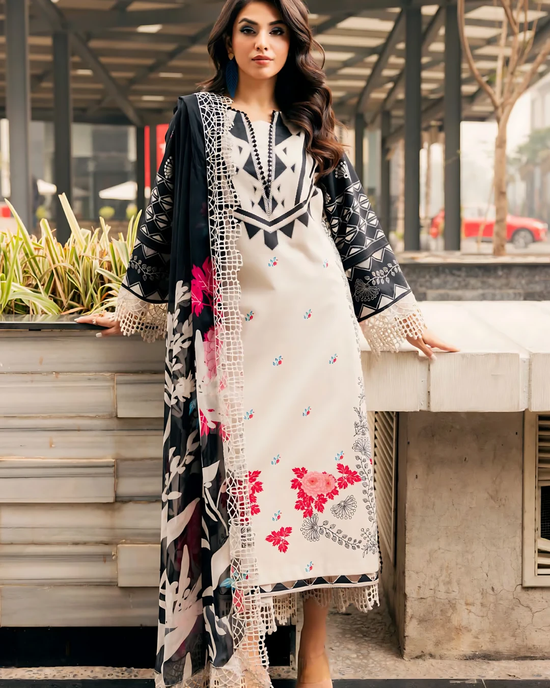 Almond Elegance Embroidered Lawn Three-Piece Suit