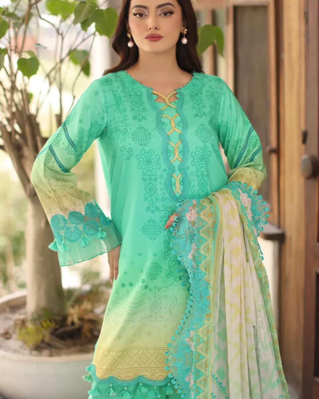 Pale Teal Blossom Embroidered Lawn Three-Piece Suit