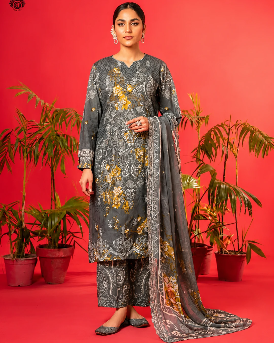 Davy Grey Charcoal Luxury Embroidered Lawn Three-Piece Suit