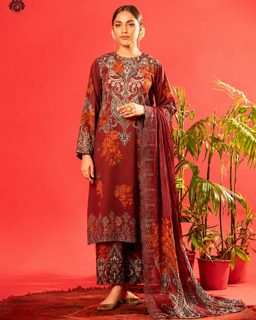 Crimson Maroon Luxury Embroidered Lawn Three-Piece Suit
