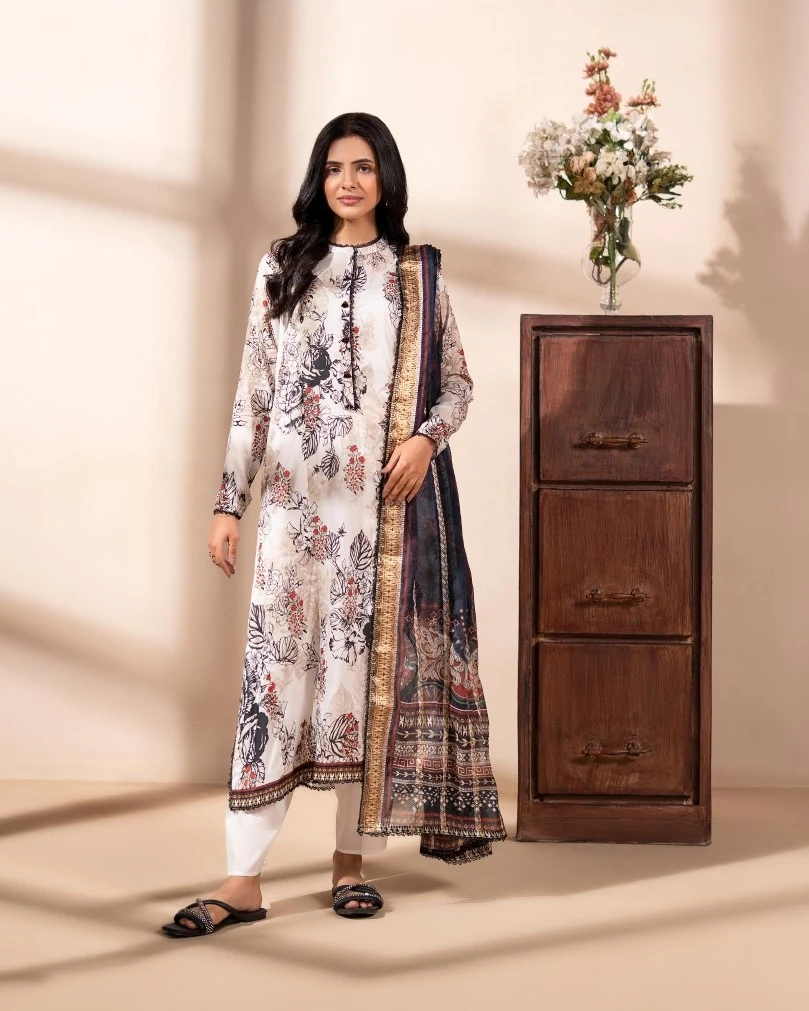 Monochrome Ivory Luxury Printed Lawn Three-Piece Suit