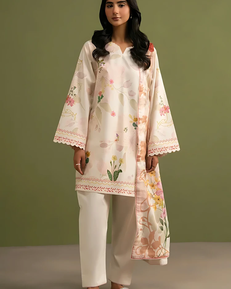 Soft Amber Glow Luxury Embroidered Lawn Three-Piece Suit