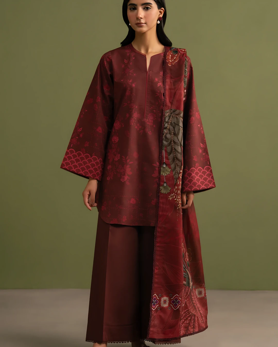 Crimson Maroon Majesty Luxury Embroidered Lawn Three-Piece Suit