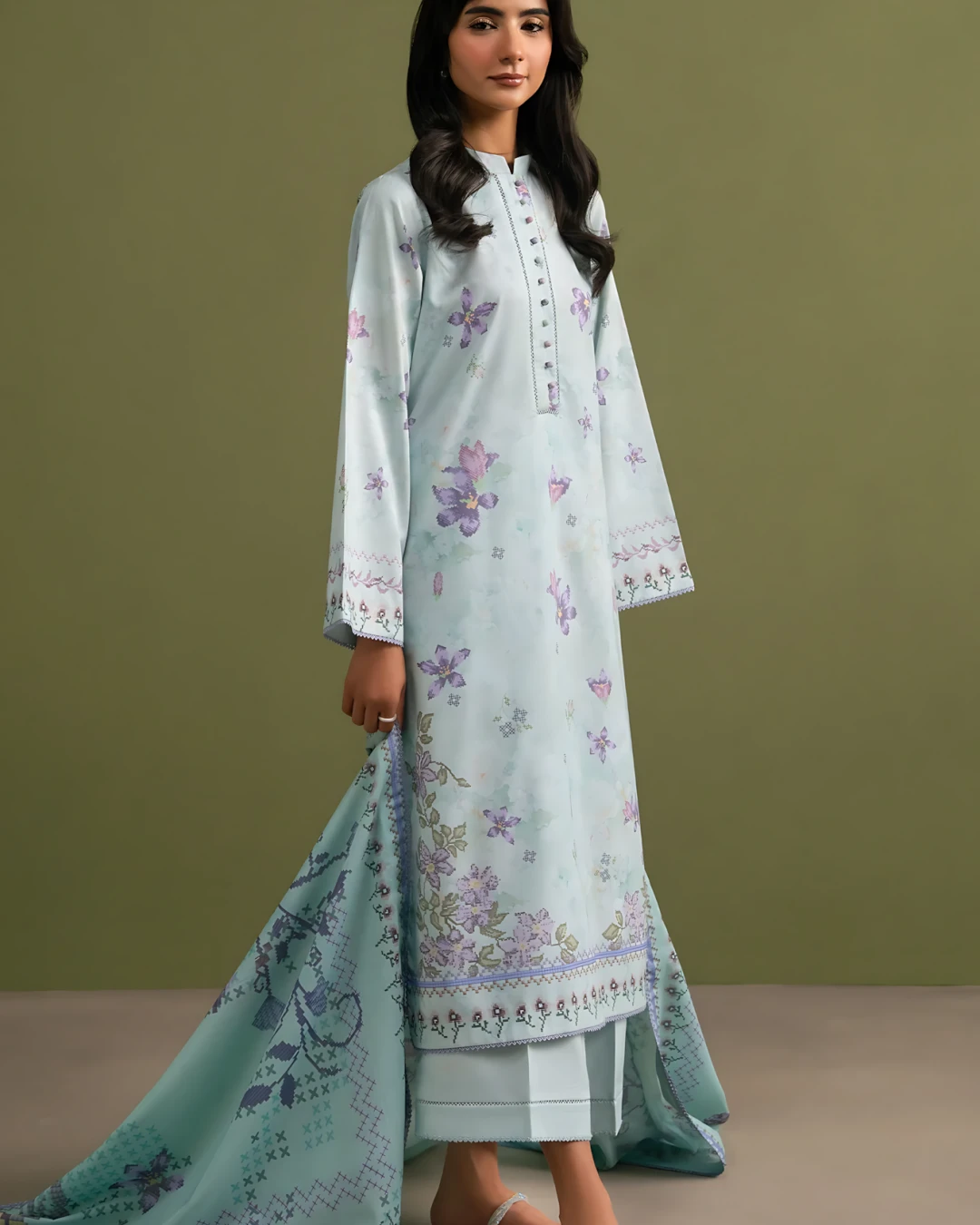 Sky Blue Serenity Luxury Embroidered Lawn Three-Piece Suit