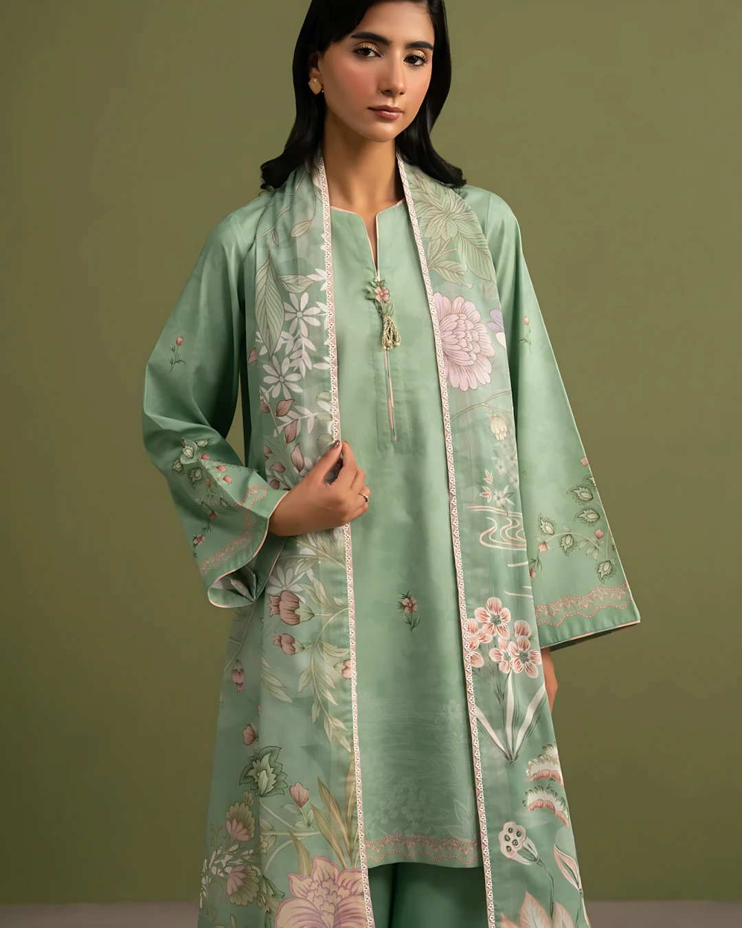 Sage Green Oasis Luxury Embroidered Lawn Three-Piece Suit