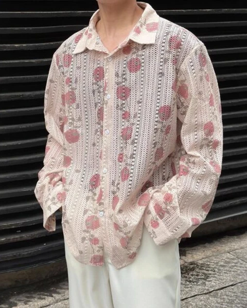 GARB Men’s Premium Floral Long-Sleeve Shirt – Stylish Hollow Design, Spring & Autumn Fashion Casual Wear