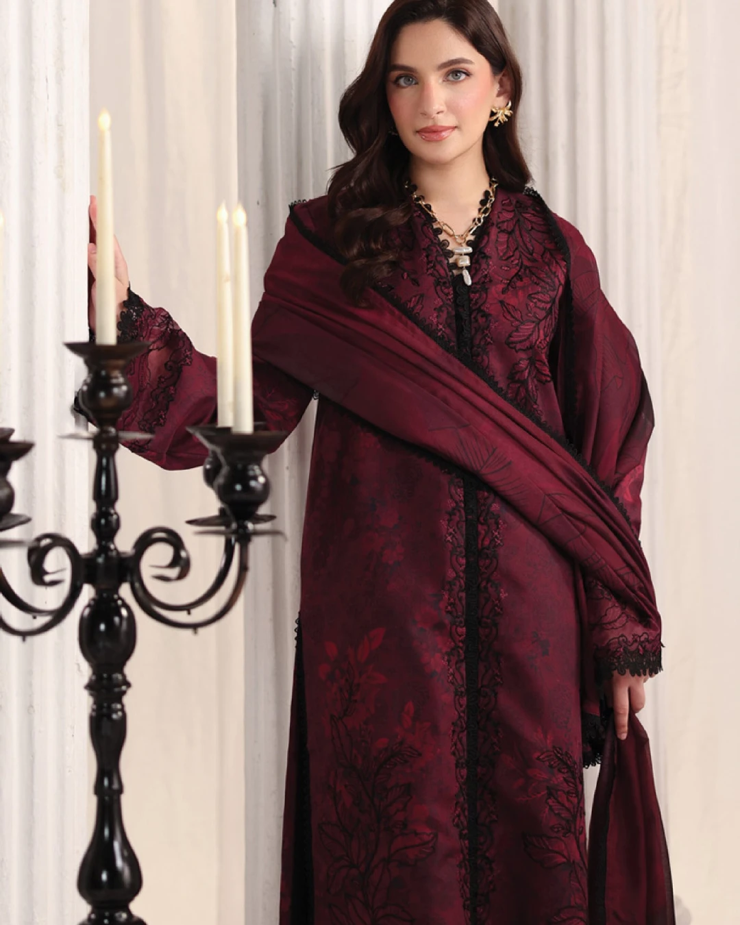 Alara Crimson Maroon Luxury Embroidered Lawn Three-Piece Suit