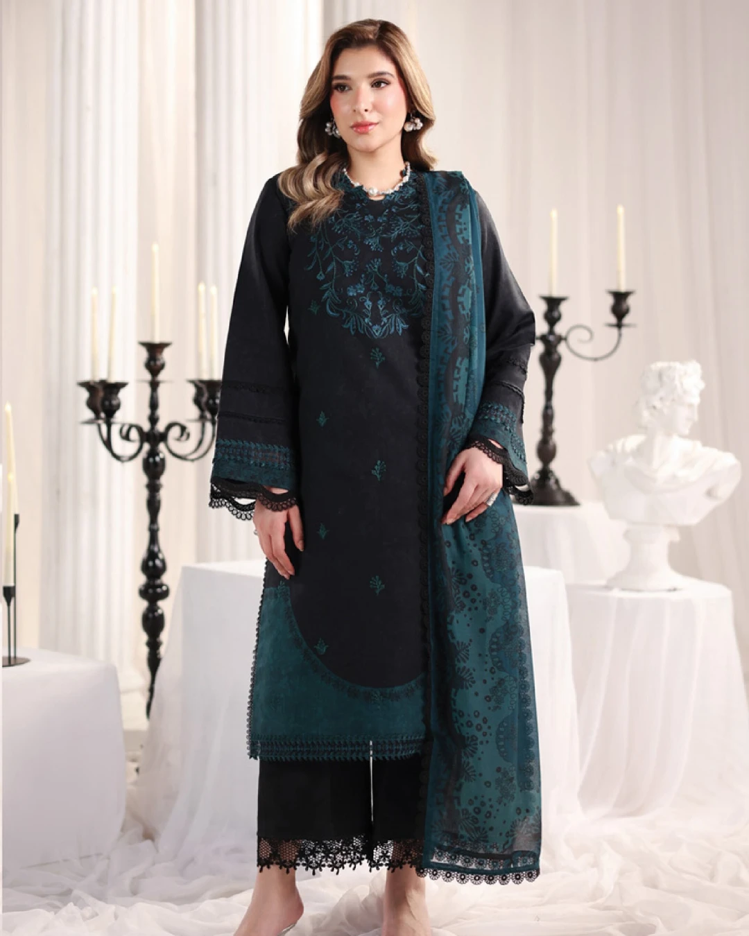 Defne Midnight Teal Luxury Embroidered Lawn Three-Piece Suit