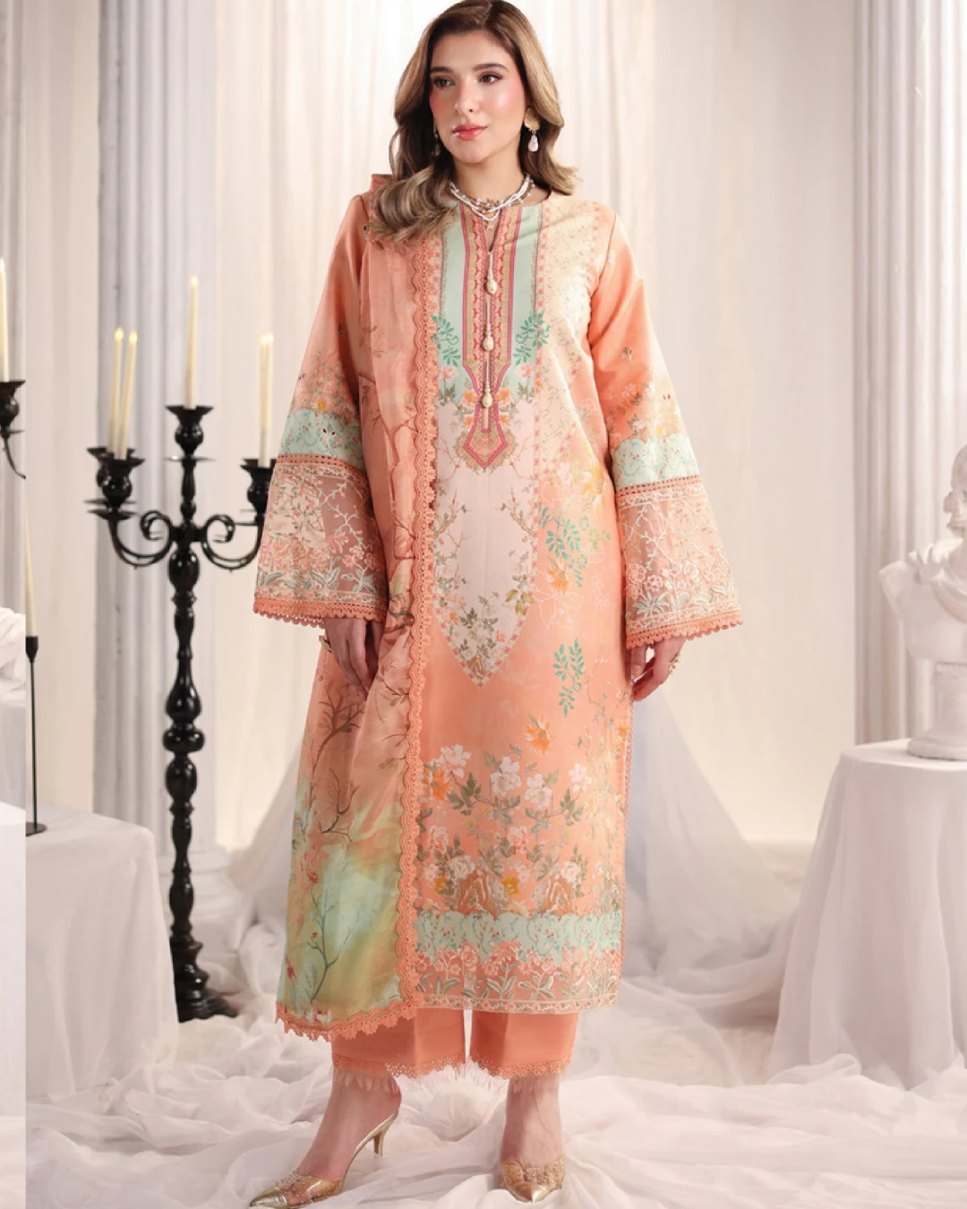 Cecilia Sunset Peach Luxury Embroidered Lawn Three-Piece Suit