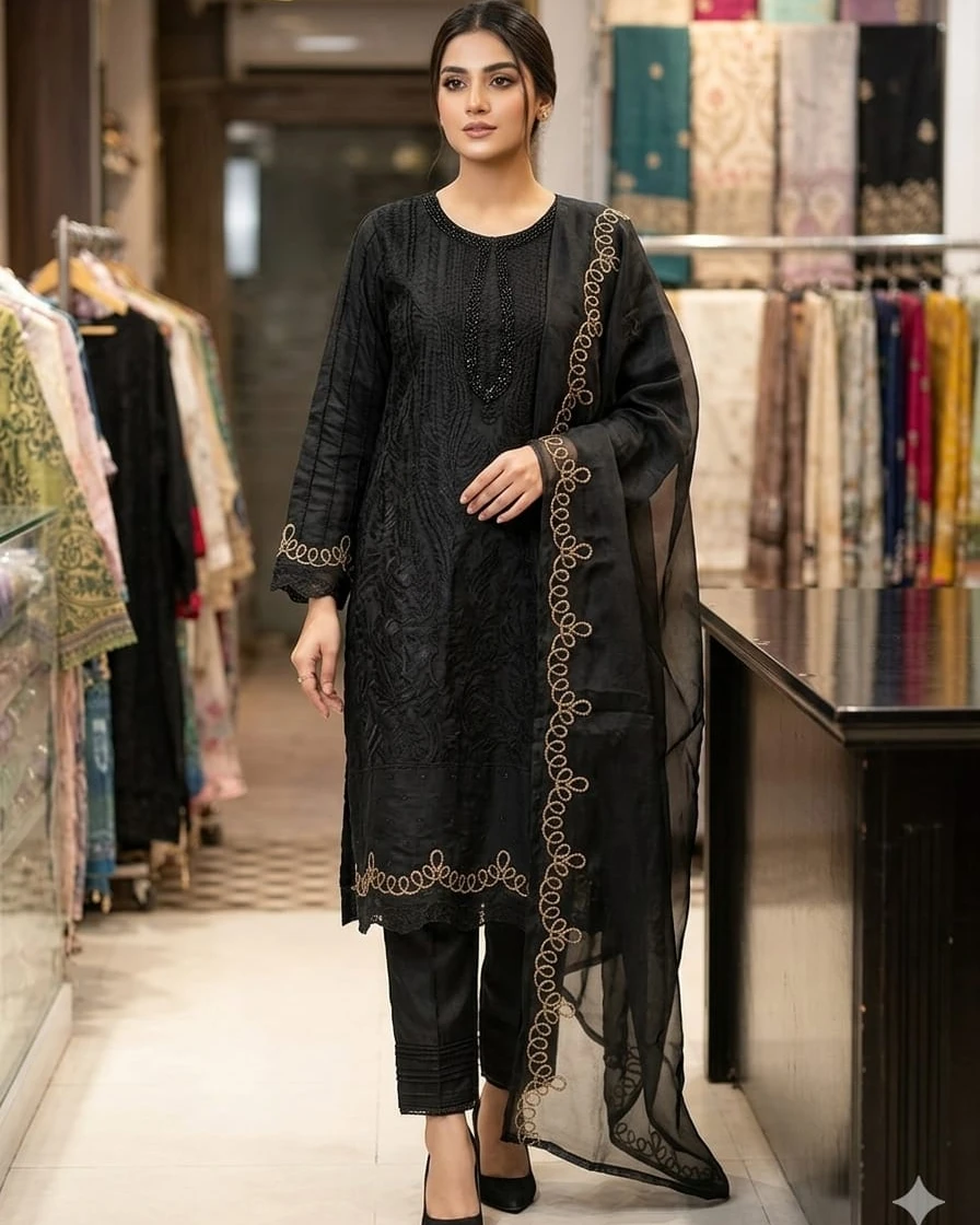 Midnight Ebony Luxury Embroidered Organza Three-Piece Suit