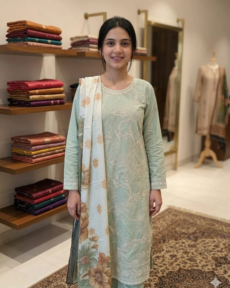 Esra Mint Green Luxury Embroidered Cotton Three-Piece Suit