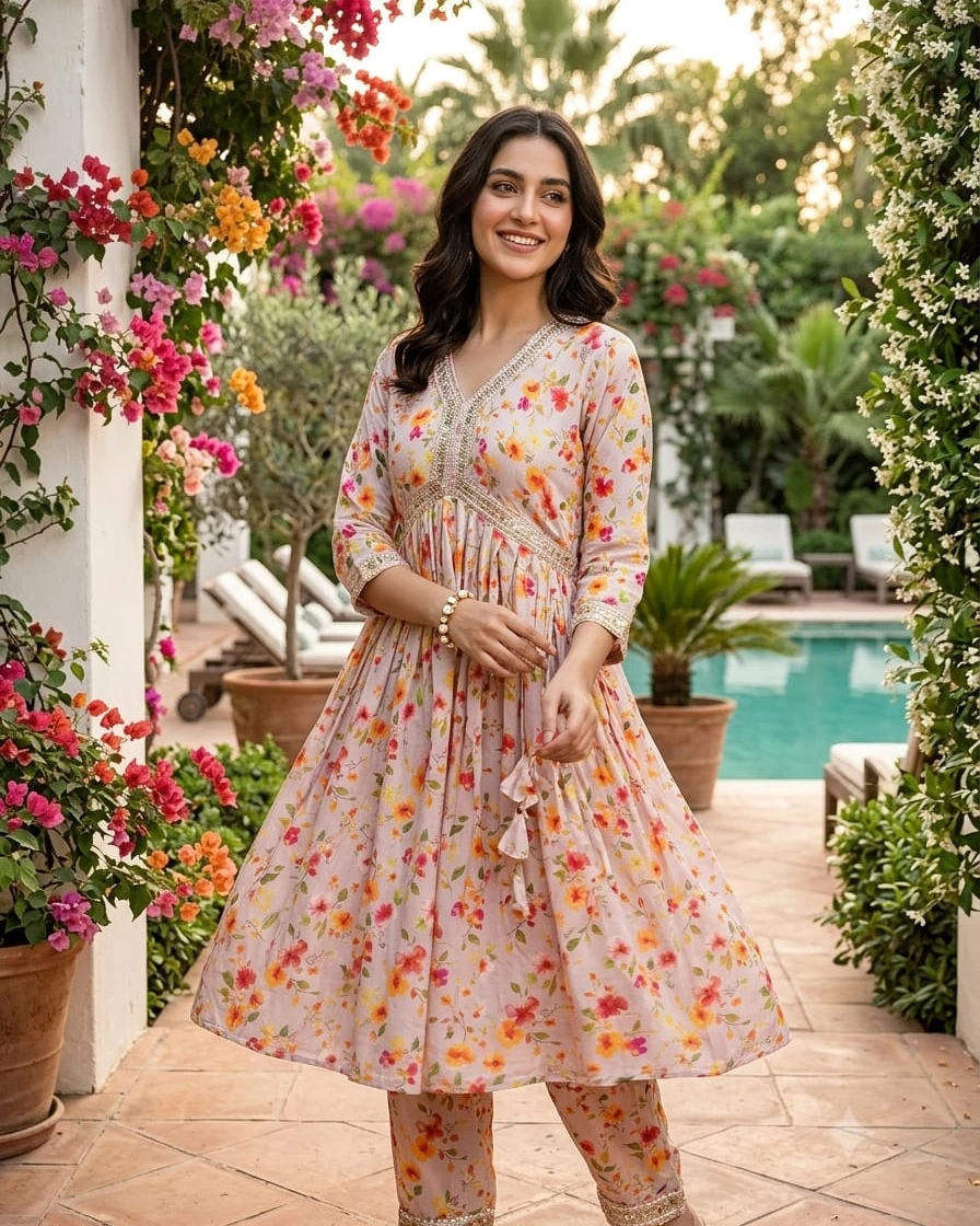 Blush Blossom Printed Soft Linen Alia-Cut Two-Piece Suit