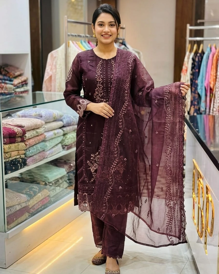 Ghazal Deep Wine Luxury Karchupi Organza Three-Piece Suit