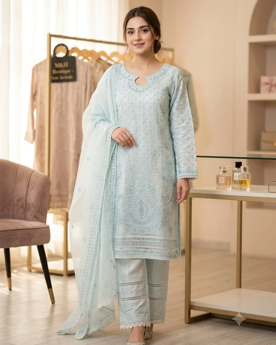 Ghazal Ice-Blue Luxury Karchupi Organza Three-Piece Suit