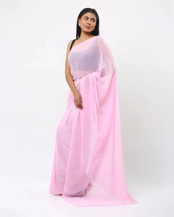 Pure Georgette Babypink Plain Saree For Women