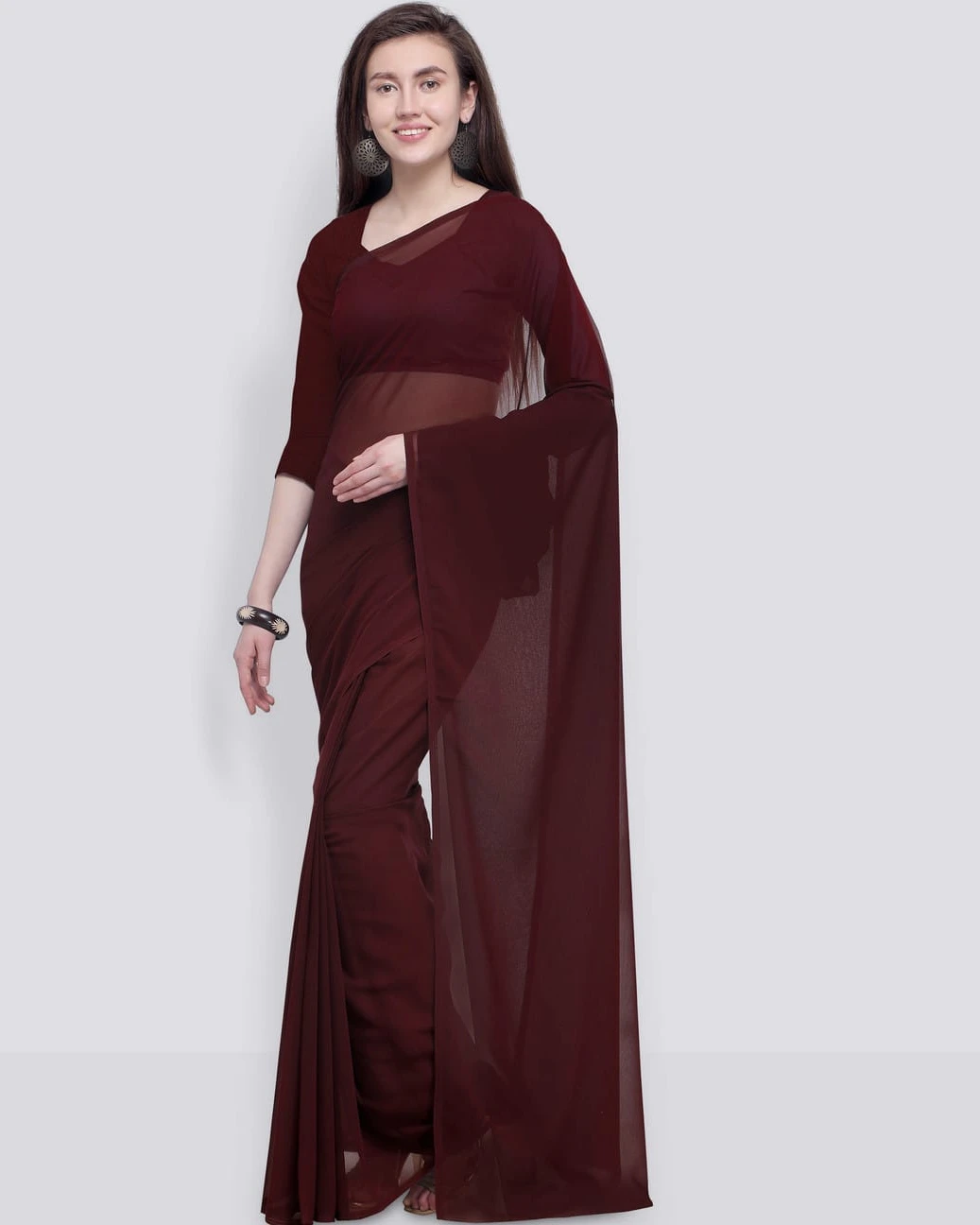 Pure Georgette coffee  Plain Saree For Women