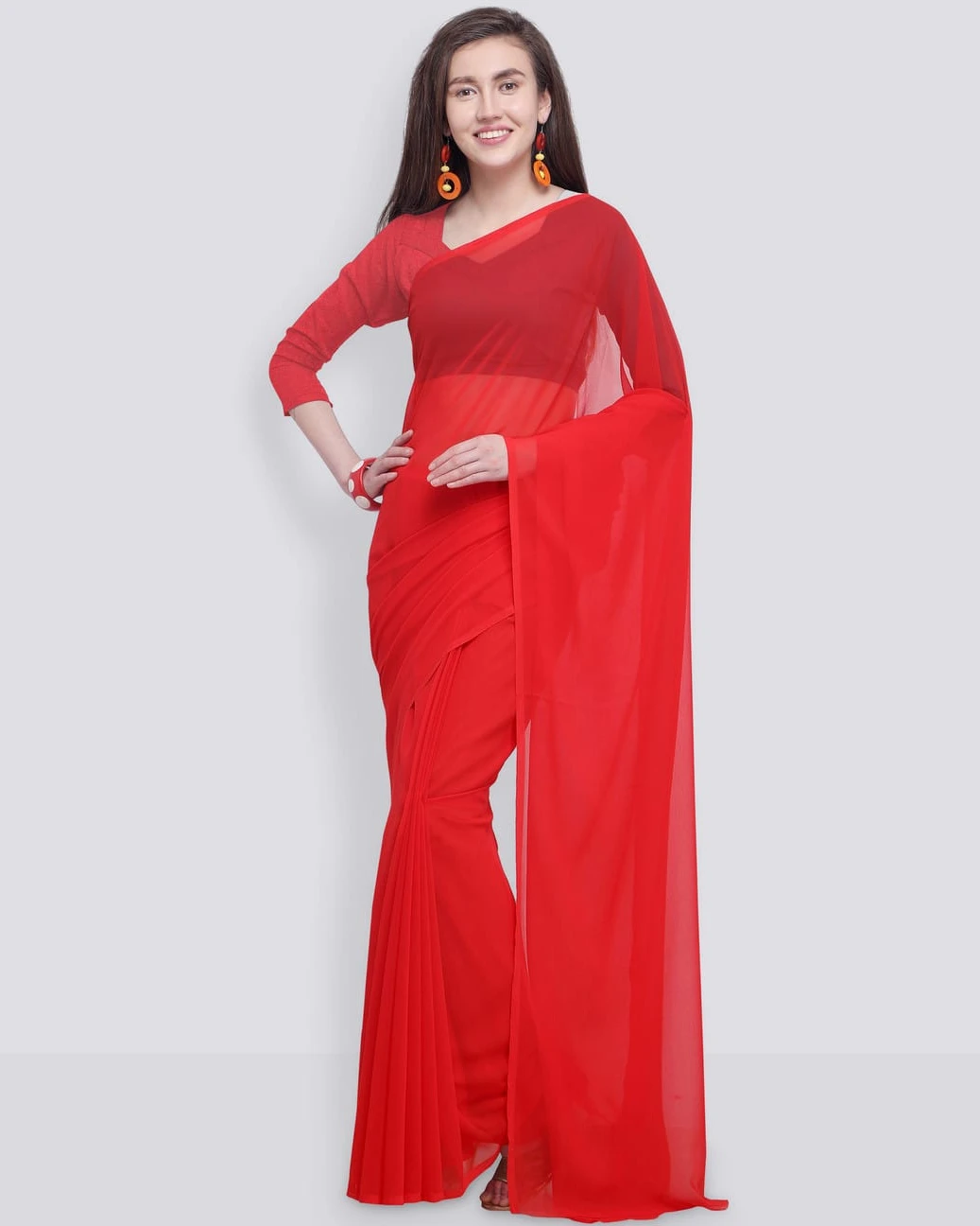 Pure Georgette Red Plain Saree For Women