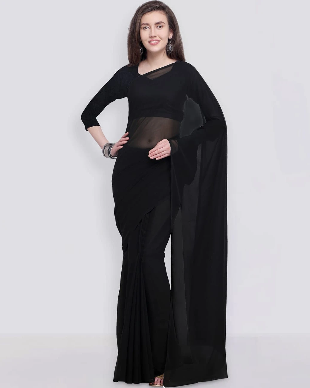Pure Georgette black Plain Saree For Women