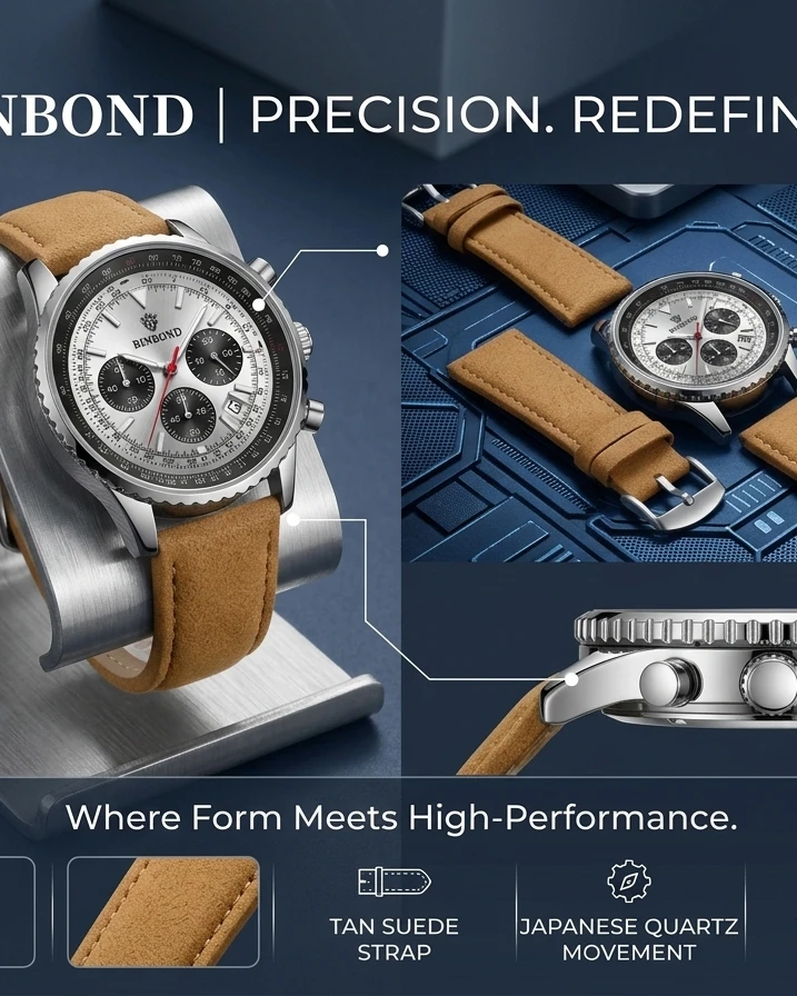 BINBOND Mens Quartz Chronograph Watch Luminous Date Waterproof Leather
