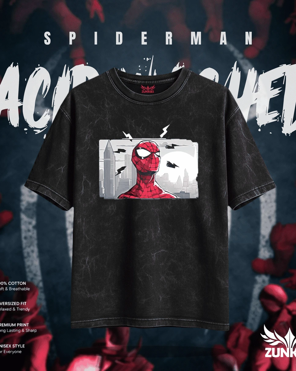 Spider-Man City Skyline Panel Acid Wash Oversized Tee