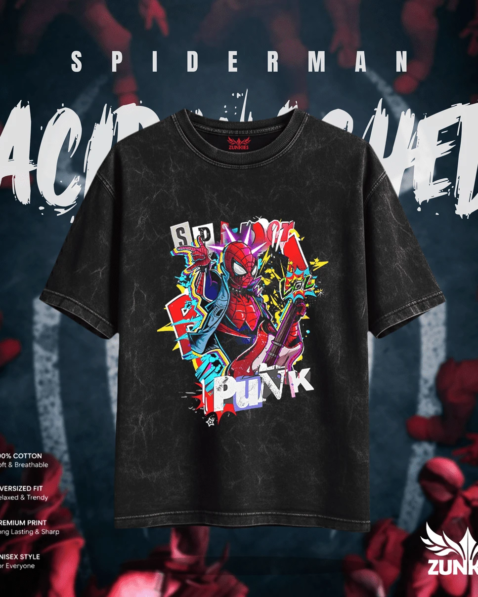 Spider-Punk Rock Graffiti Acid Wash Tee