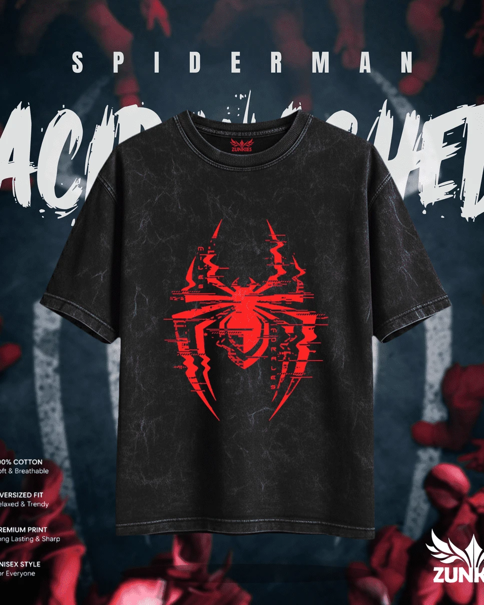 Miles Morales Glitch Spider Logo Acid Wash Tee
