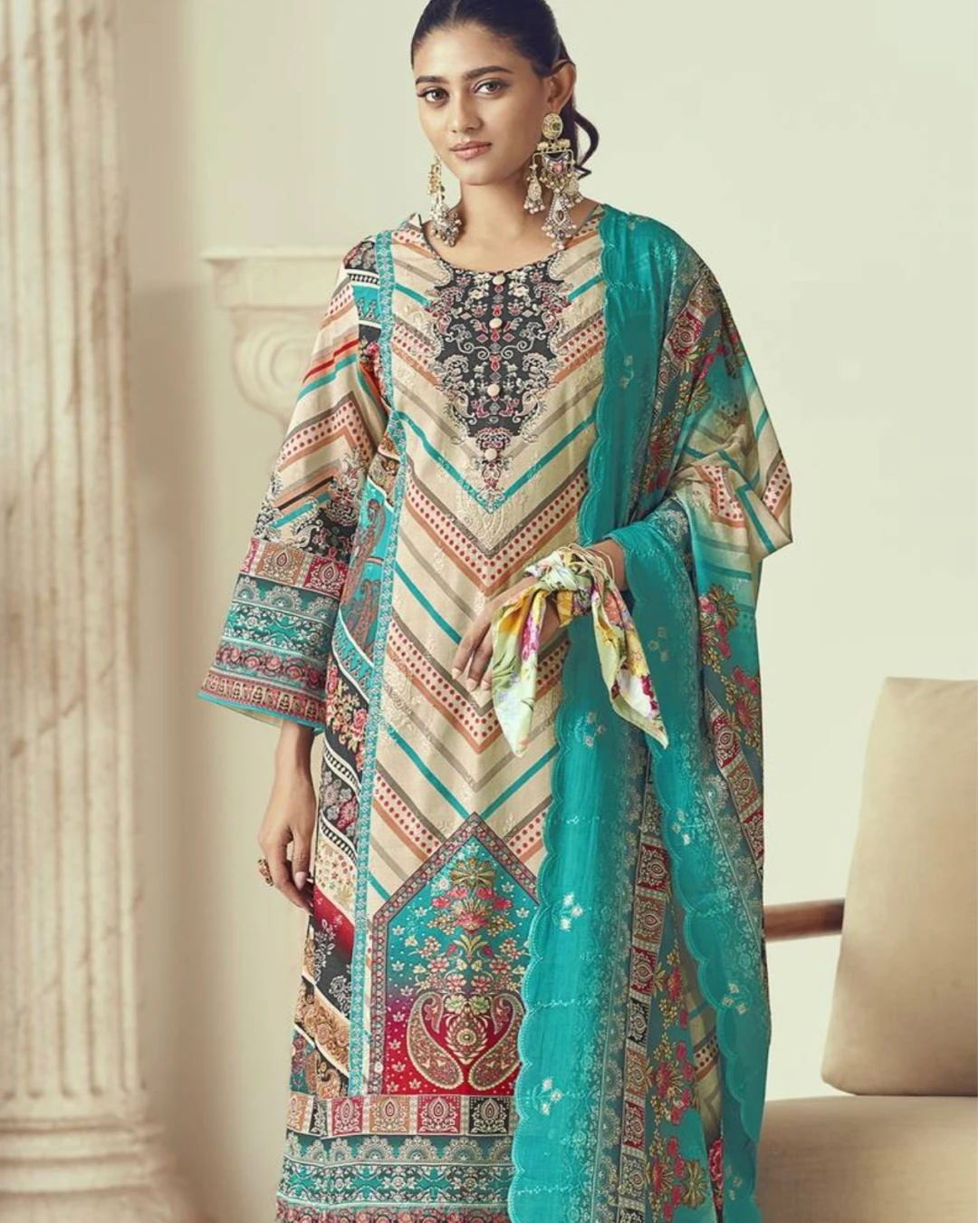 Turquoise Oasis Sequined Cotton Salwar Suit Set