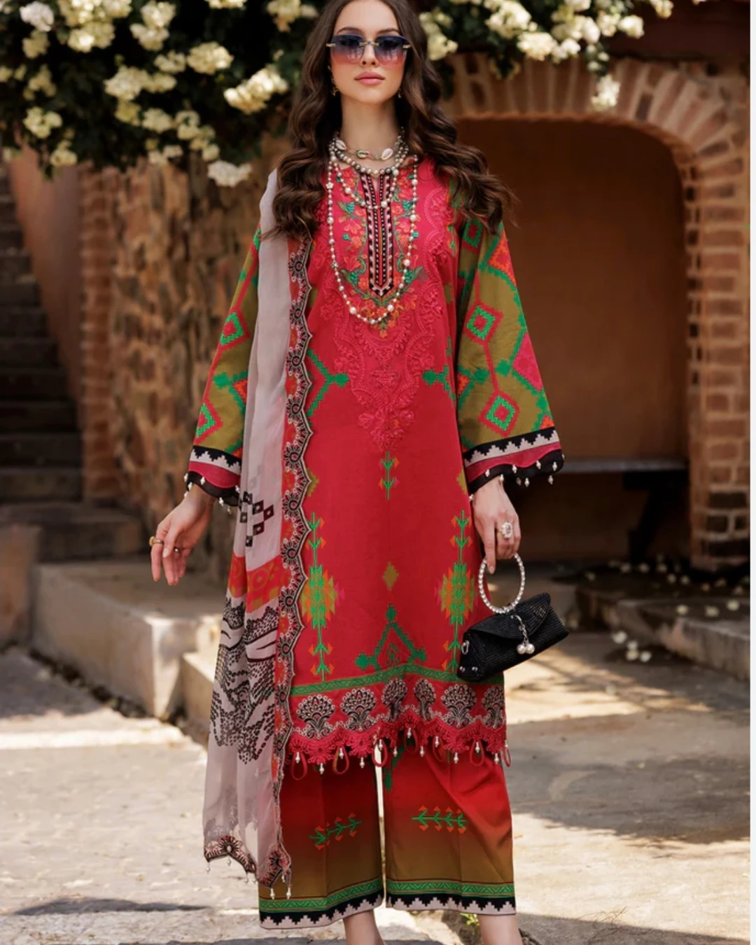 Crimson Ikat Oasis Embroidered Cotton Salwar Suit Set
