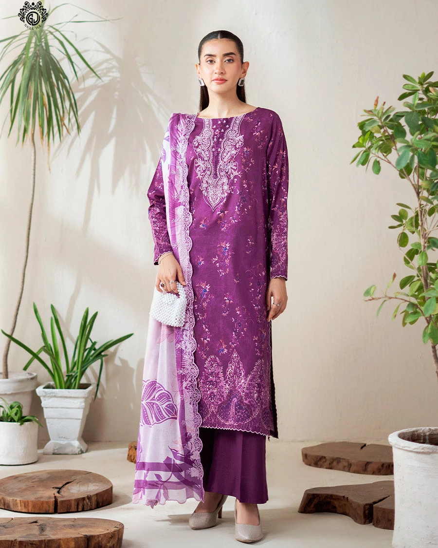 Royal Plum Blossom Embroidered Cotton Salwar Suit Set