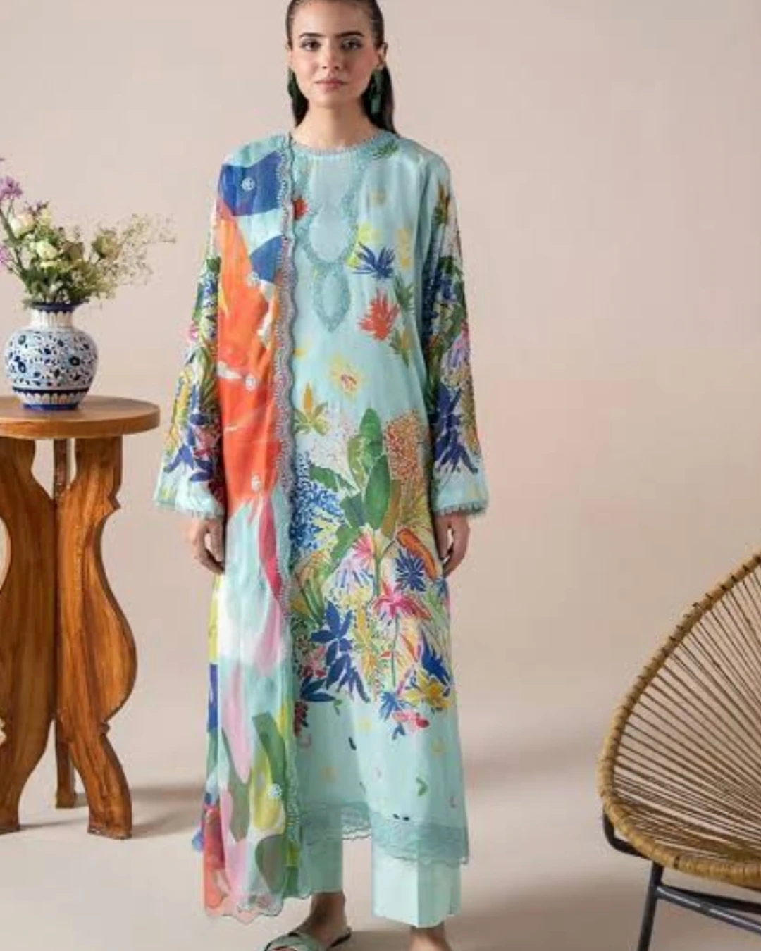 Aquamarine Tropical Embroidered Cotton Salwar Suit Set