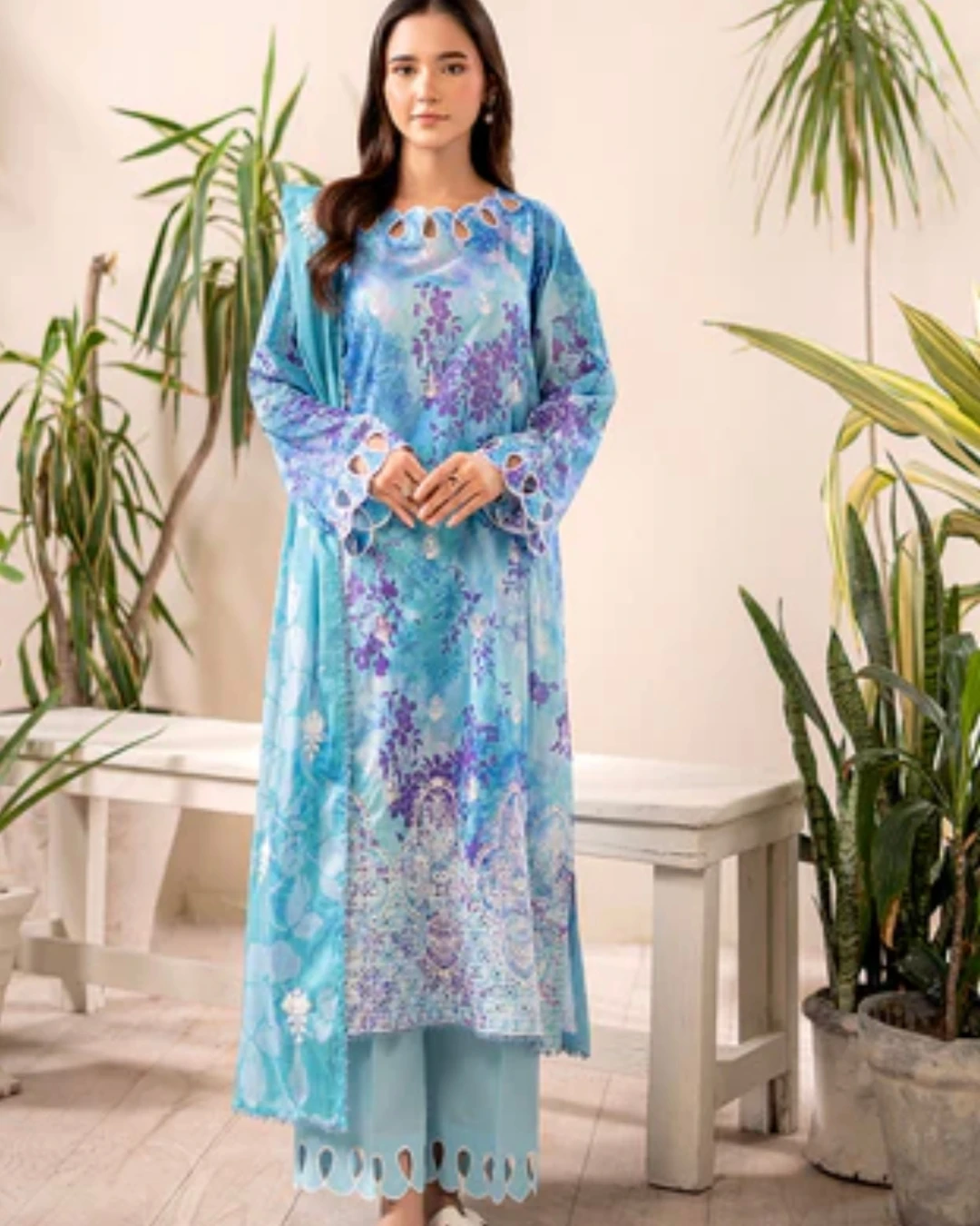 Azure Hydrangea Embroidered Cotton Salwar Suit Set