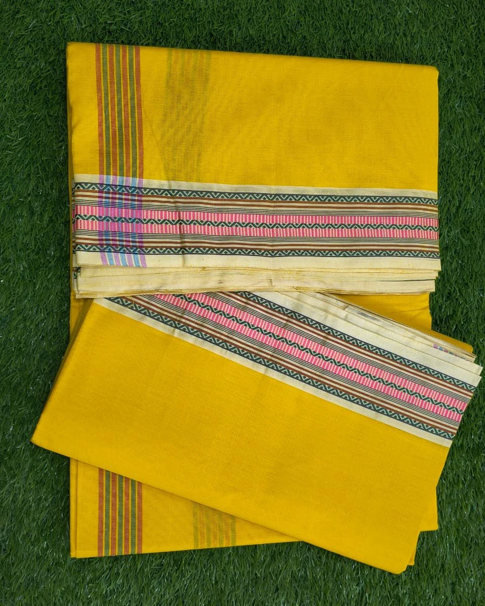 Yellow Cotton Unstitched Dhuti & Utori Set with Pink and Green Geometric Border