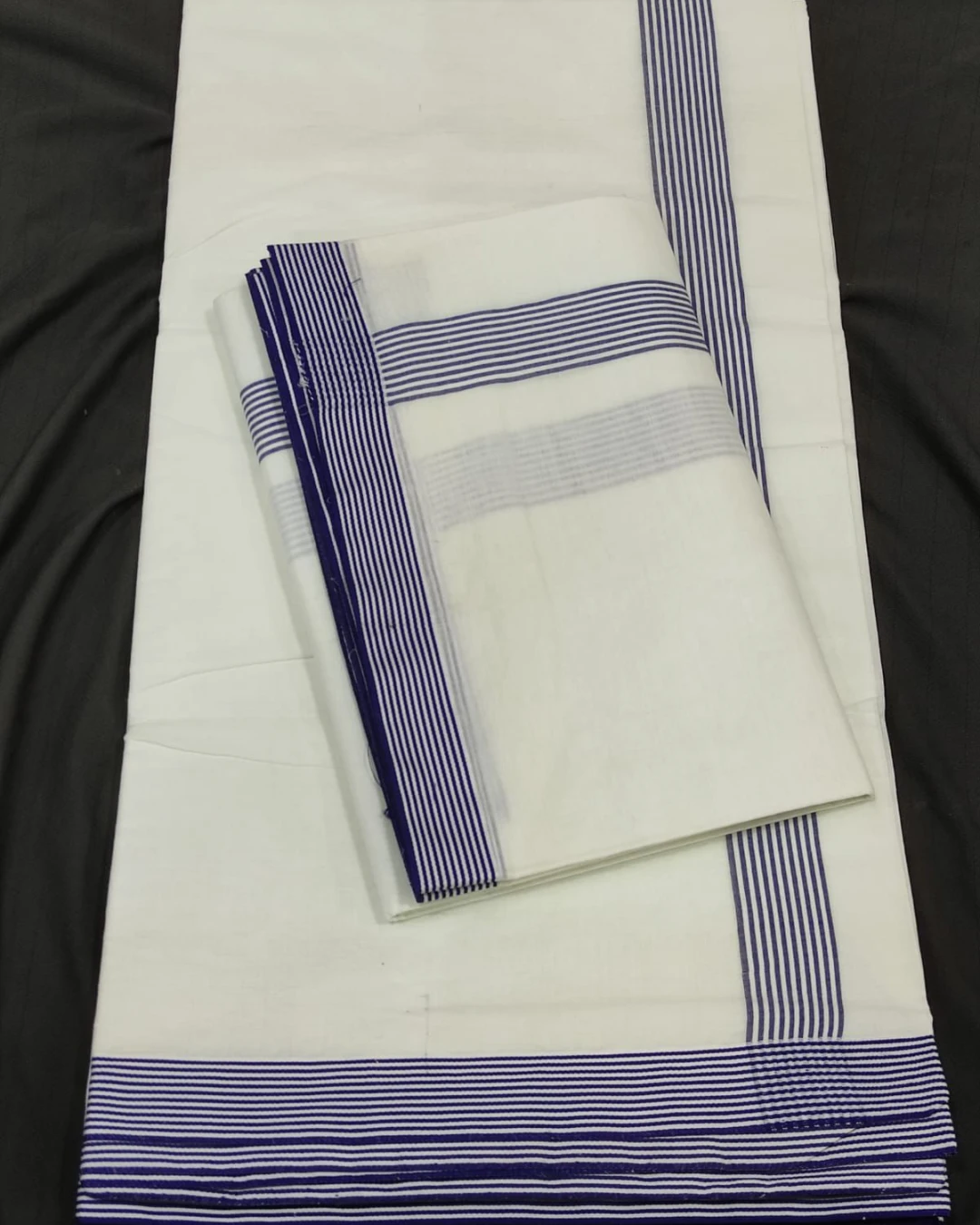 White Cotton Unstitched Dhuti & Utori Set with Blue Striped Border