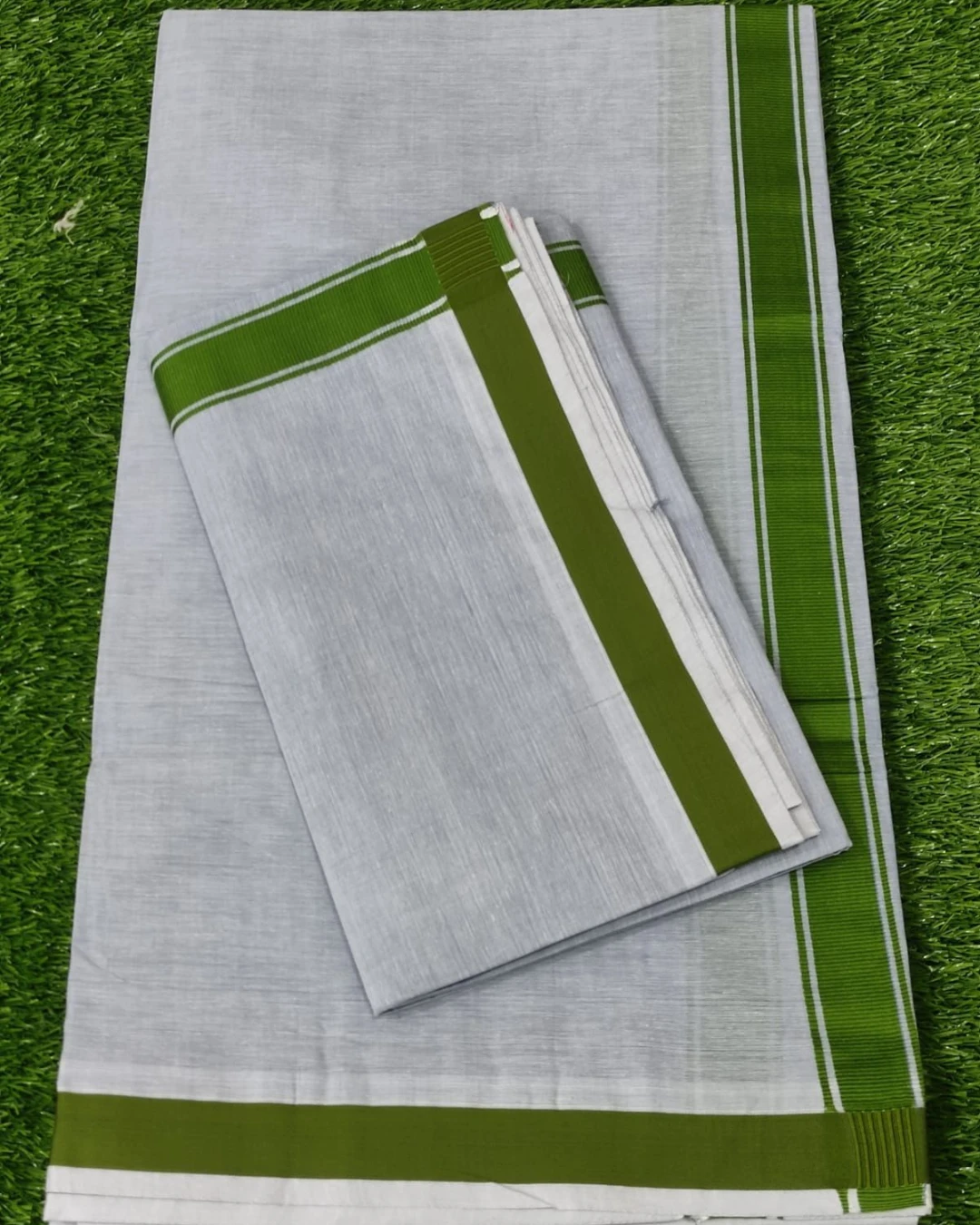 Grey Cotton Unstitched Dhuti & Utori Set with Olive Green Border