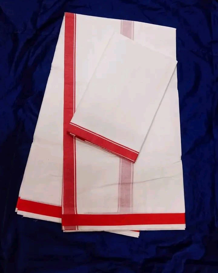 White Cotton Unstitched Dhuti & Utori Set with Red Border