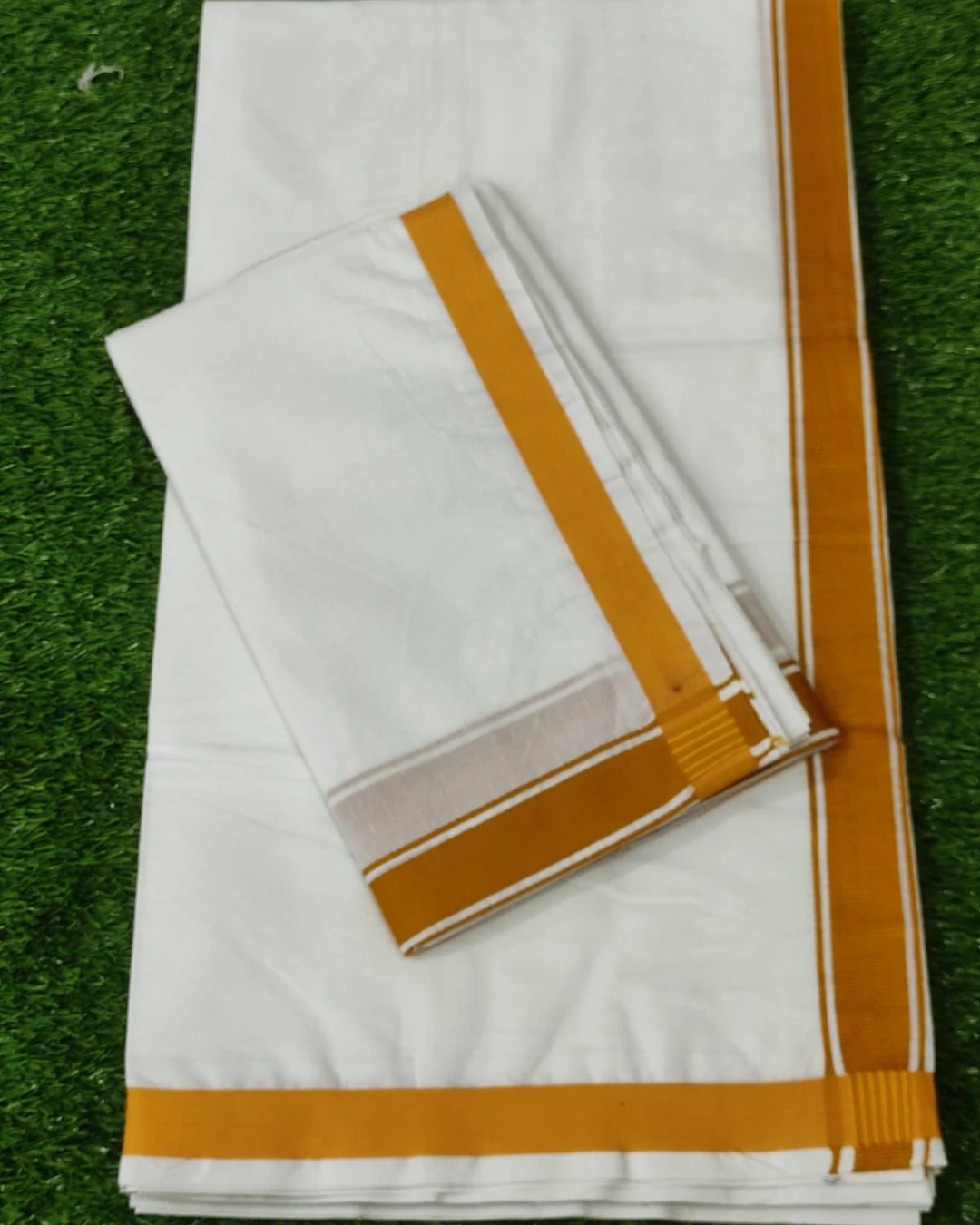 White Cotton Unstitched Dhuti & Utori Set with Mustard Yellow Border