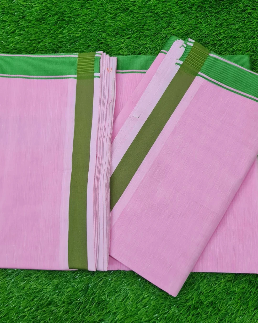 Pink Cotton Unstitched Dhuti & Utori Set with Green Border