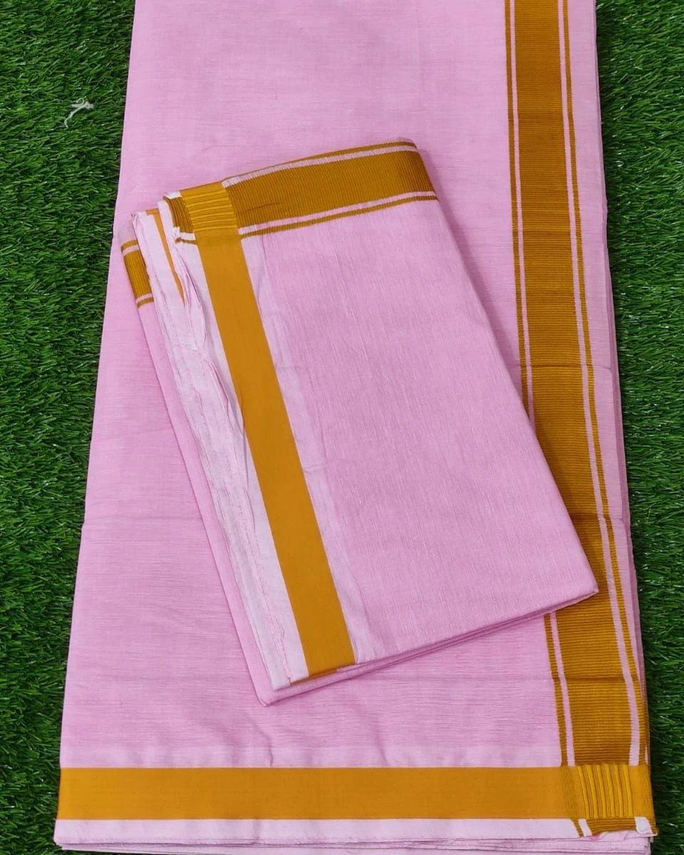 Pink Cotton Unstitched Dhuti & Utori Set with Mustard Yellow Border